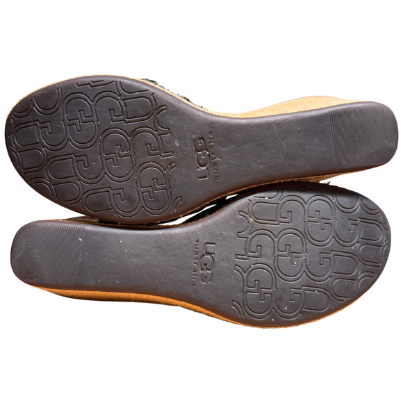 UGG Alvina Women's 7 Black Leather Suede Beige Wedge Heel Slip On Sandal Comfort - Picture 9 of 13